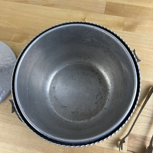 Vintage Mid Century Ice Bucket MCM TULIP Hammered Aluminum Lid Tongs Set - Picture 9 of 11